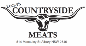 Locky's Countryside Meats logo featuring a stylised longhorn cattle head with large curved horns. The business name is written in bold uppercase text, with 'Locky's' above 'Countryside Meats'. Address: 514 Macauley Street, Albury NSW 2640.