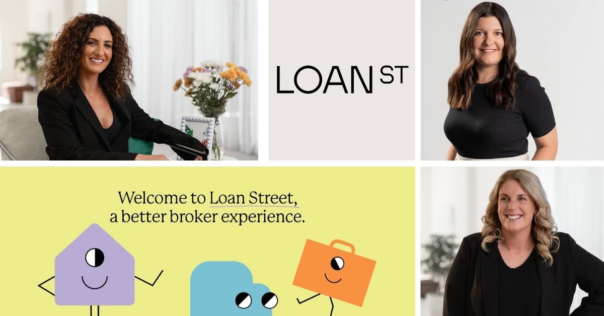 Collage featuring Loan Street Finance. Top left: Kirsty Twitt, founder, seated in a black blazer, smiling beside a vase of flowers. Top centre: Loan Street logo in black text on a light background. Top right: portrait of a smiling woman with long brown hair wearing a black top. Bottom left: Loan Street Finance graphic with cartoon house, cloud, and suitcase characters and text reading ‘Welcome to Loan Street, a better broker experience.’ Bottom right: portrait of a smiling blonde woman wearing a black blazer.