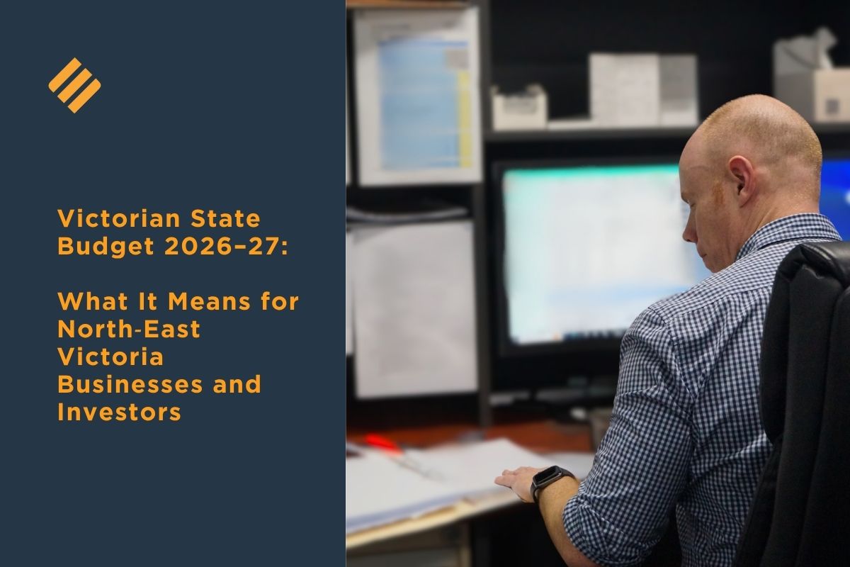 Victorian State Budget 2026 to 2027 article graphic featuring a business professional at a desk with text about the impact on North East Victoria businesses and investors.