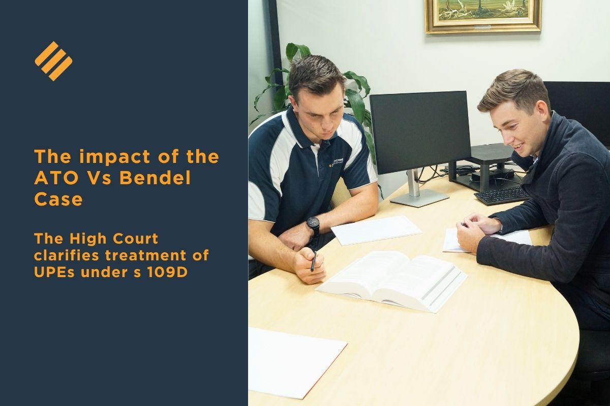 Two Johnsons MME team members reviewing documents in a meeting room, with text about the ATO v Bendel case and UPE treatment under s 109D.